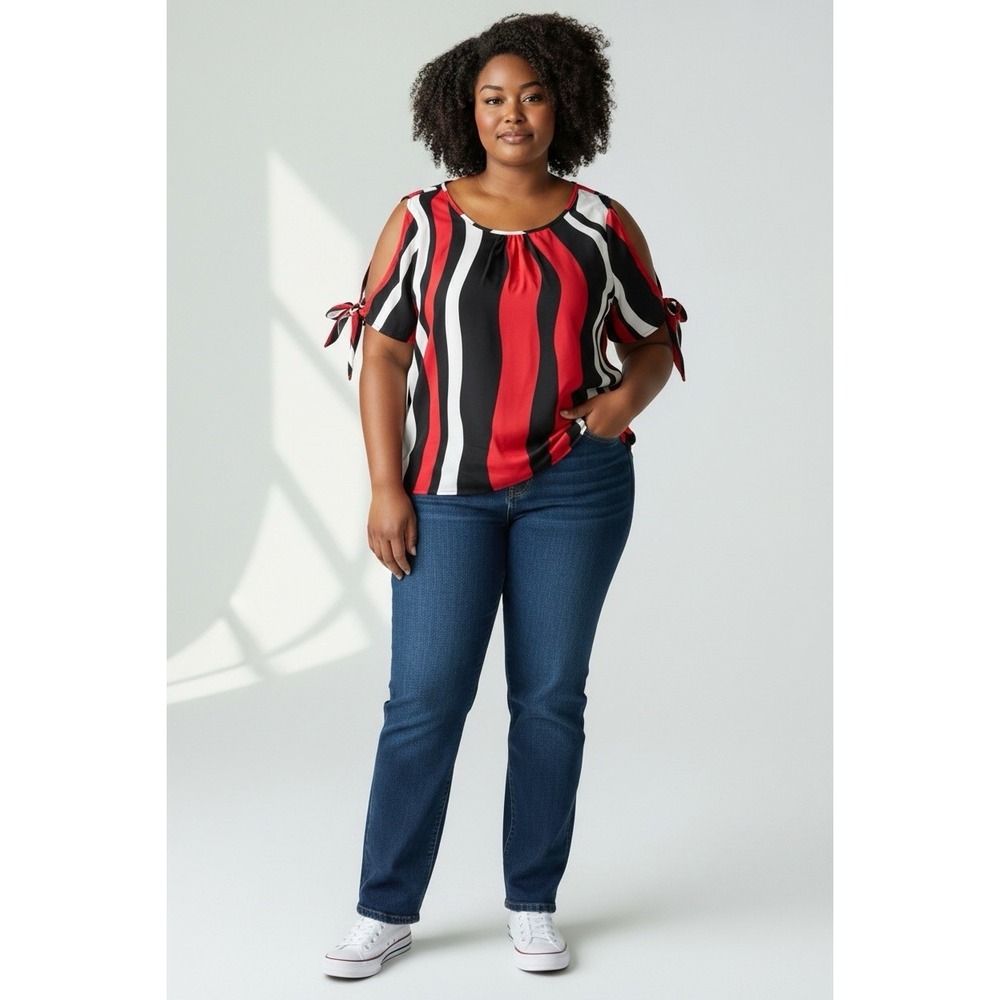 Emery Rose Women's 0XL Red Black White Striped Cold Shoulder Tie Blouse